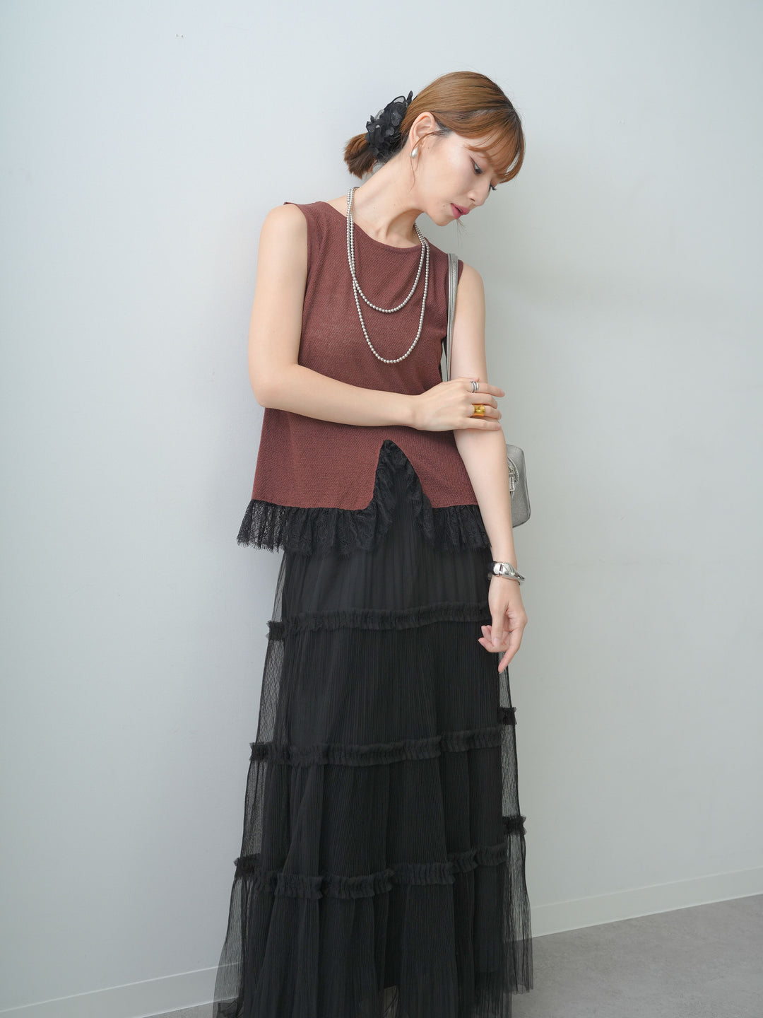[SET]レースドッキングノースリニットトップス+ホイップチュールティアードフレアスカート(2set)