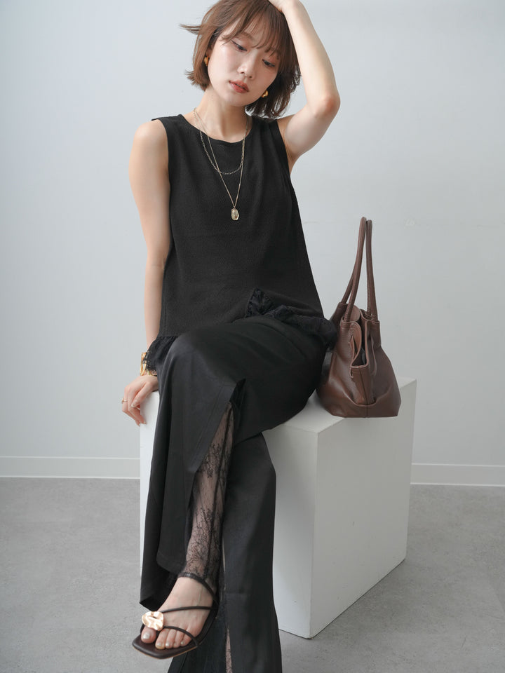 [予約]レースドッキングノースリニットトップス/black