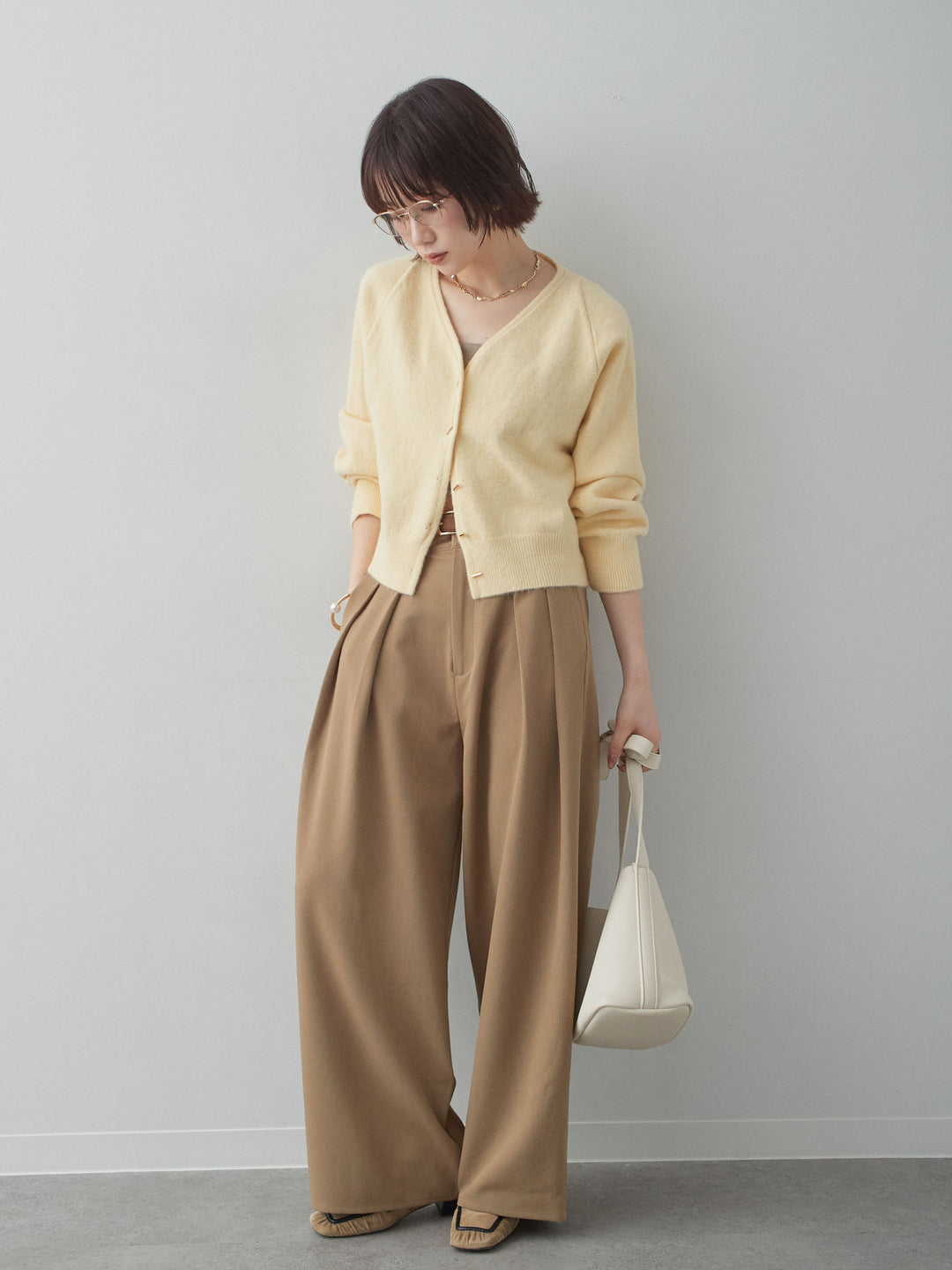 [SET]ゴールドラインボタンカーディガン+クレープデシンタックワイドパンツ(2set)