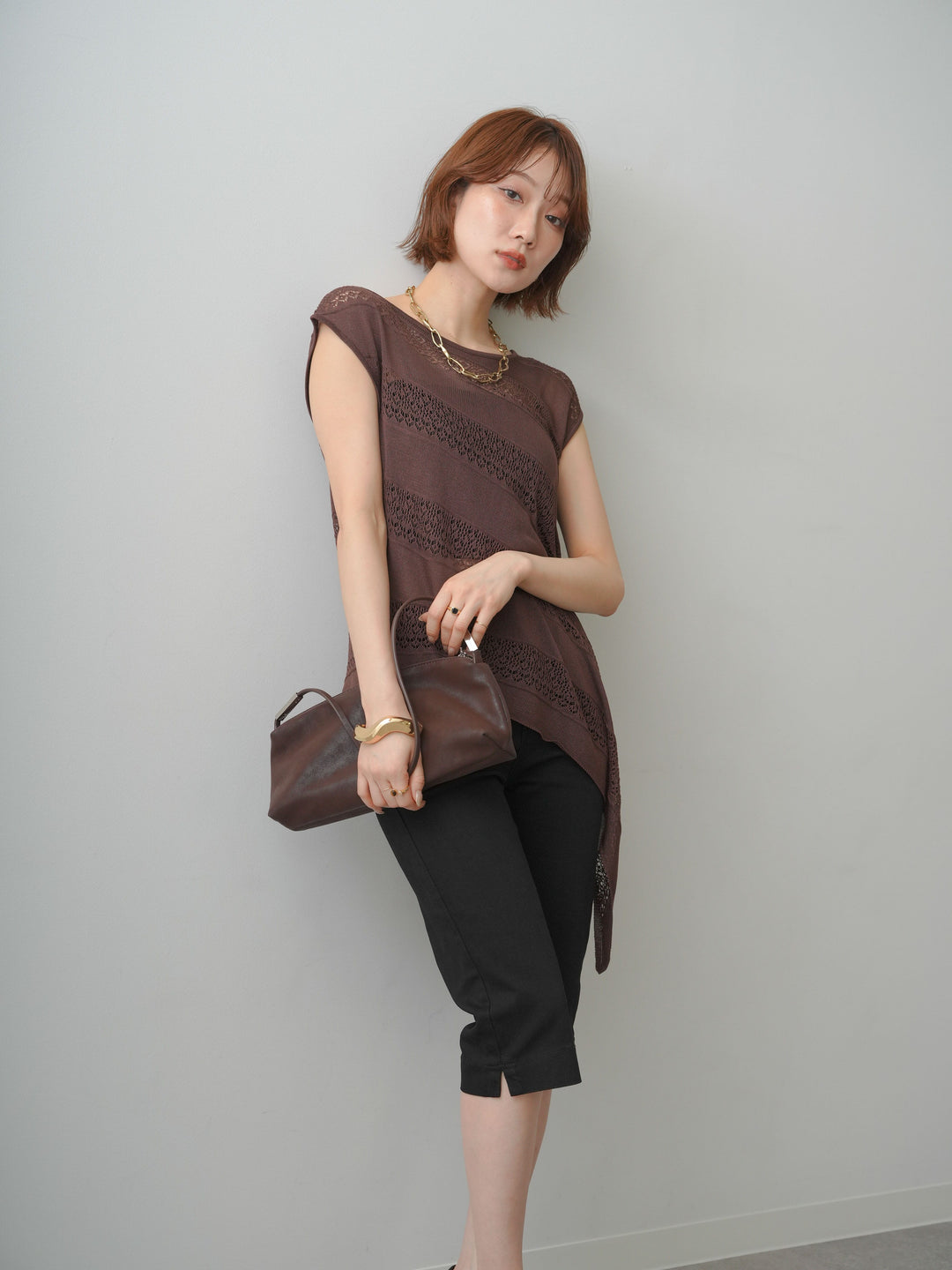 [予約]透かし編みアシメノースリトップス/brown