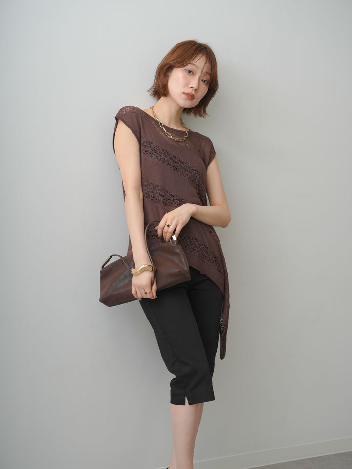 [予約]透かし編みアシメノースリトップス/brown