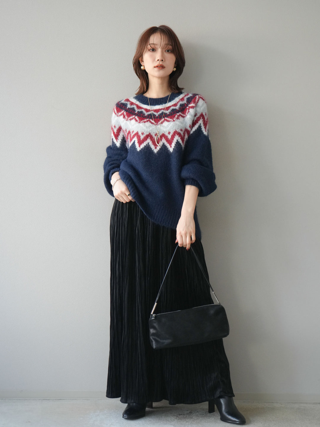 [SET]求心柄オーバーニットプルオーバー+スエードワッシャープリーツスカート(2set)