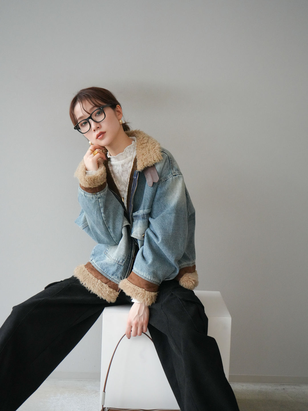 [予約]スタンドカラーファー×デニムジャケット/lightblue