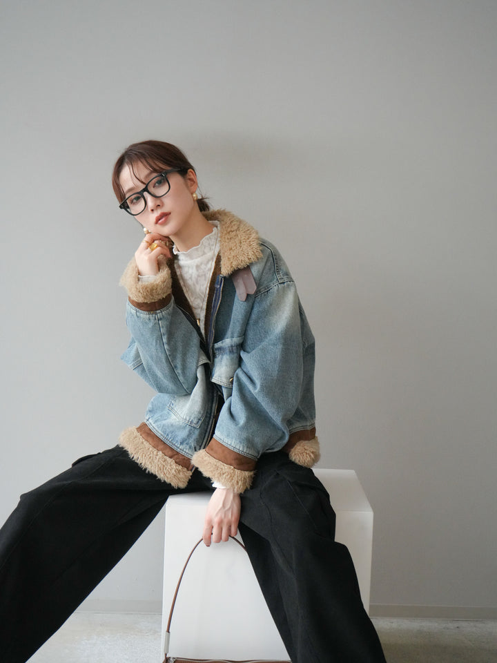 [予約]スタンドカラーファー×デニムジャケット/lightblue