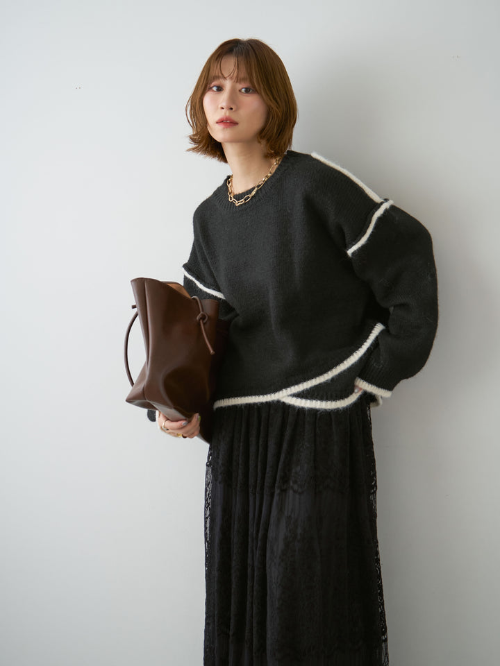 [予約]配色ラインデザインヘムニットプルオーバー/black