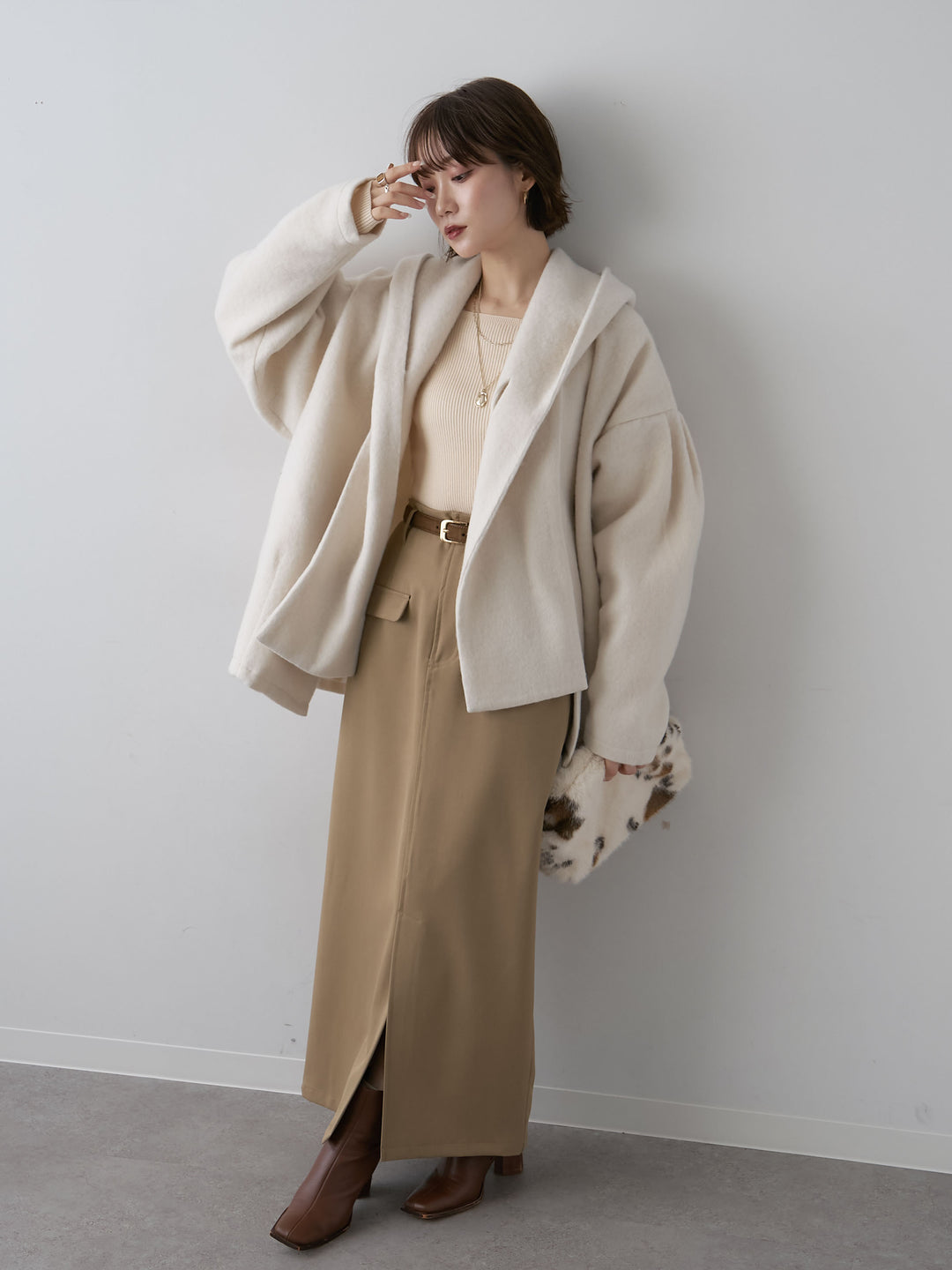 [SET]フードマフ付メランジコート+クレープデシンフラップ付きストレートスカート(2set)