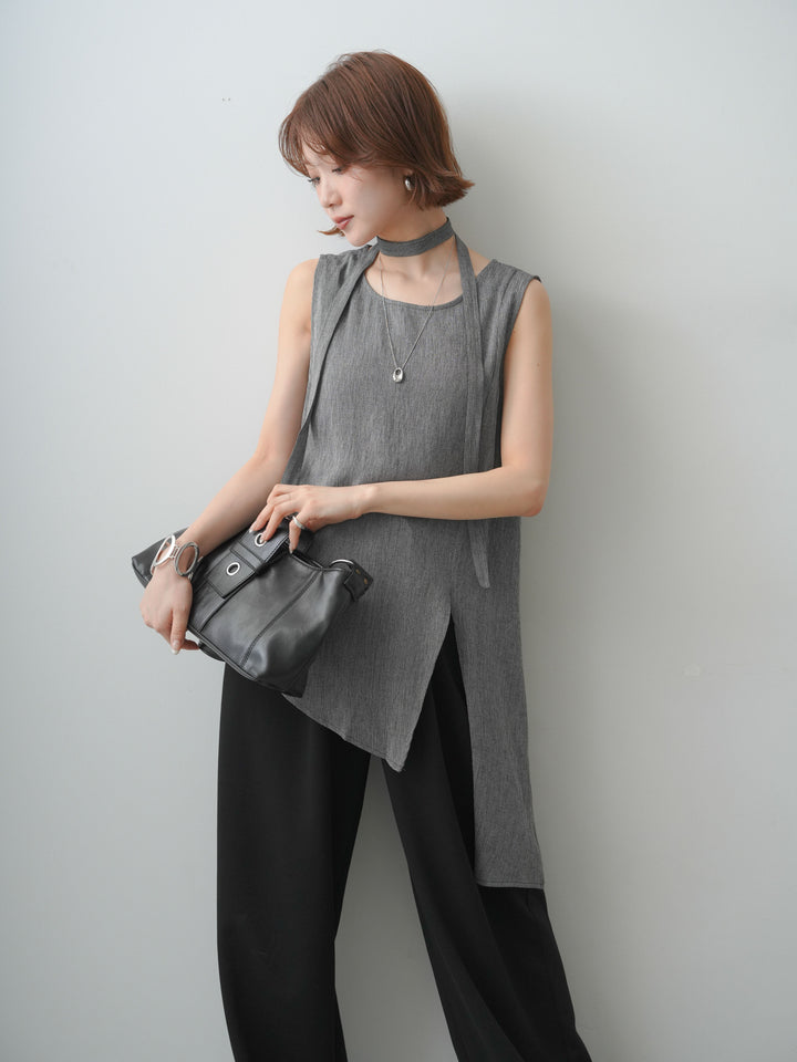 [SET]タイ付アシメヘムノースリトップス+リラックスドレープスウェットパンツ(2set)
