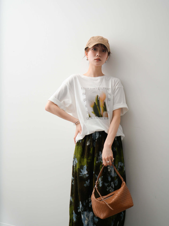 【着回しセット】フラワーフォトTEE+フラワープリントドレープタックパンツ+フラワープリントIラインギャザースカート(3set)