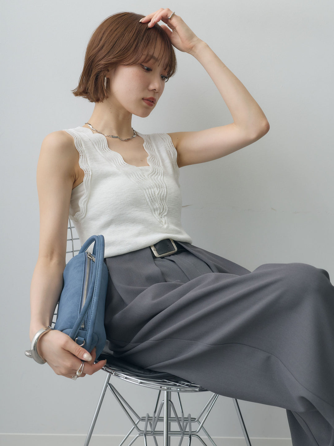 [SET]カーブデザインリブニットタンクトップ+選べるアクセセット(2set)