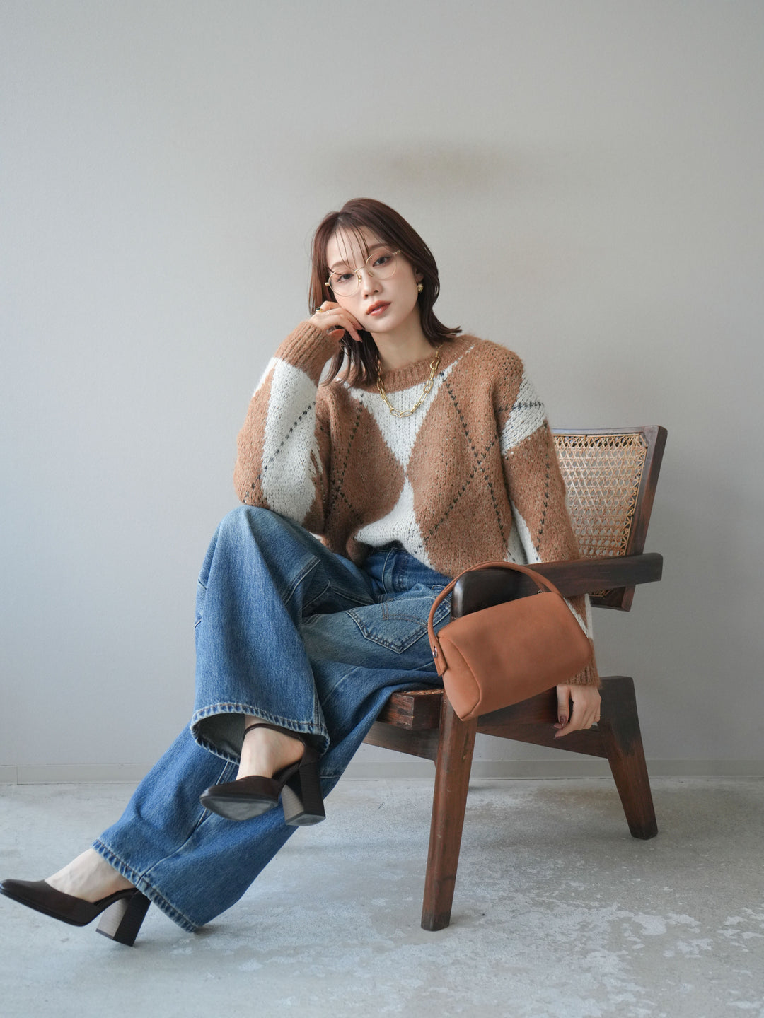 [予約]アーガイルオーバーニットプルオーバー/camel