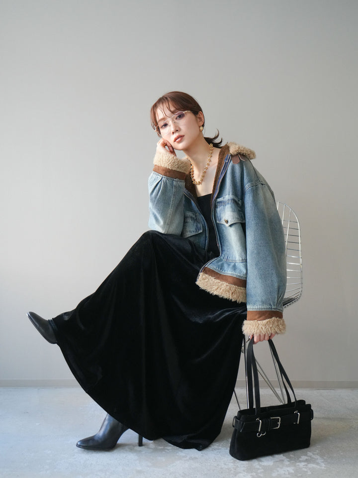 [予約]スタンドカラーファー×デニムジャケット/lightblue