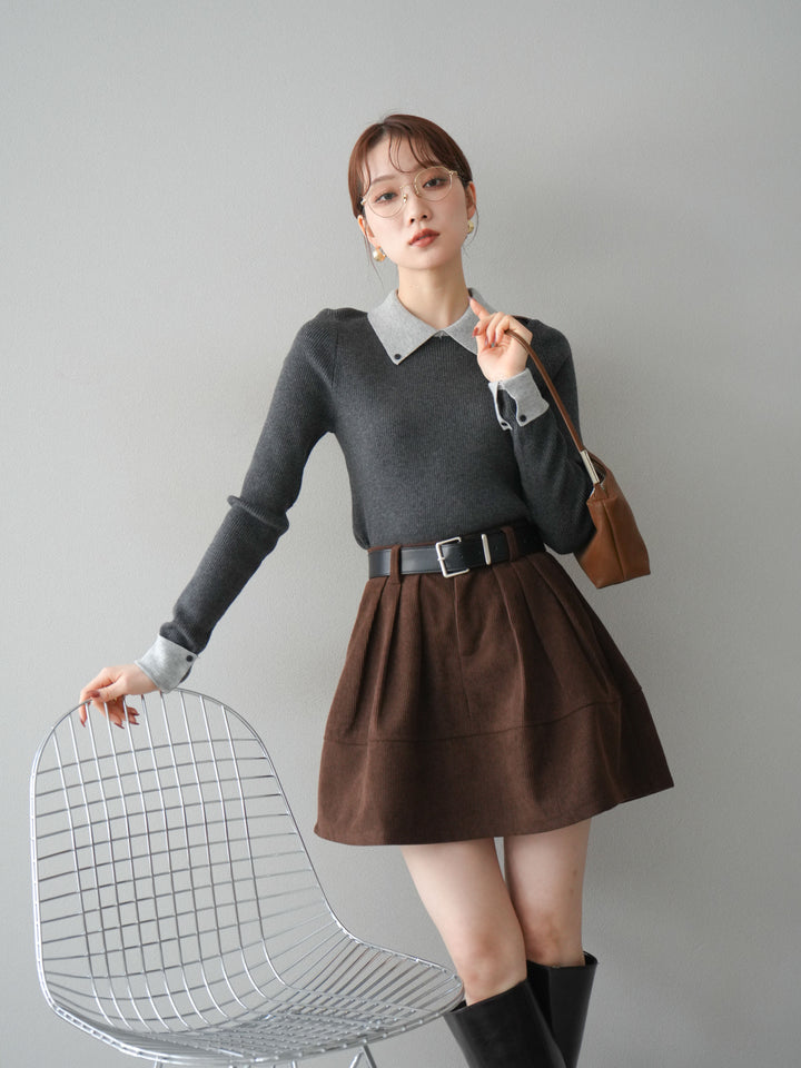 [予約]ニットカフス襟付き配色リブニットトップス/charcoal