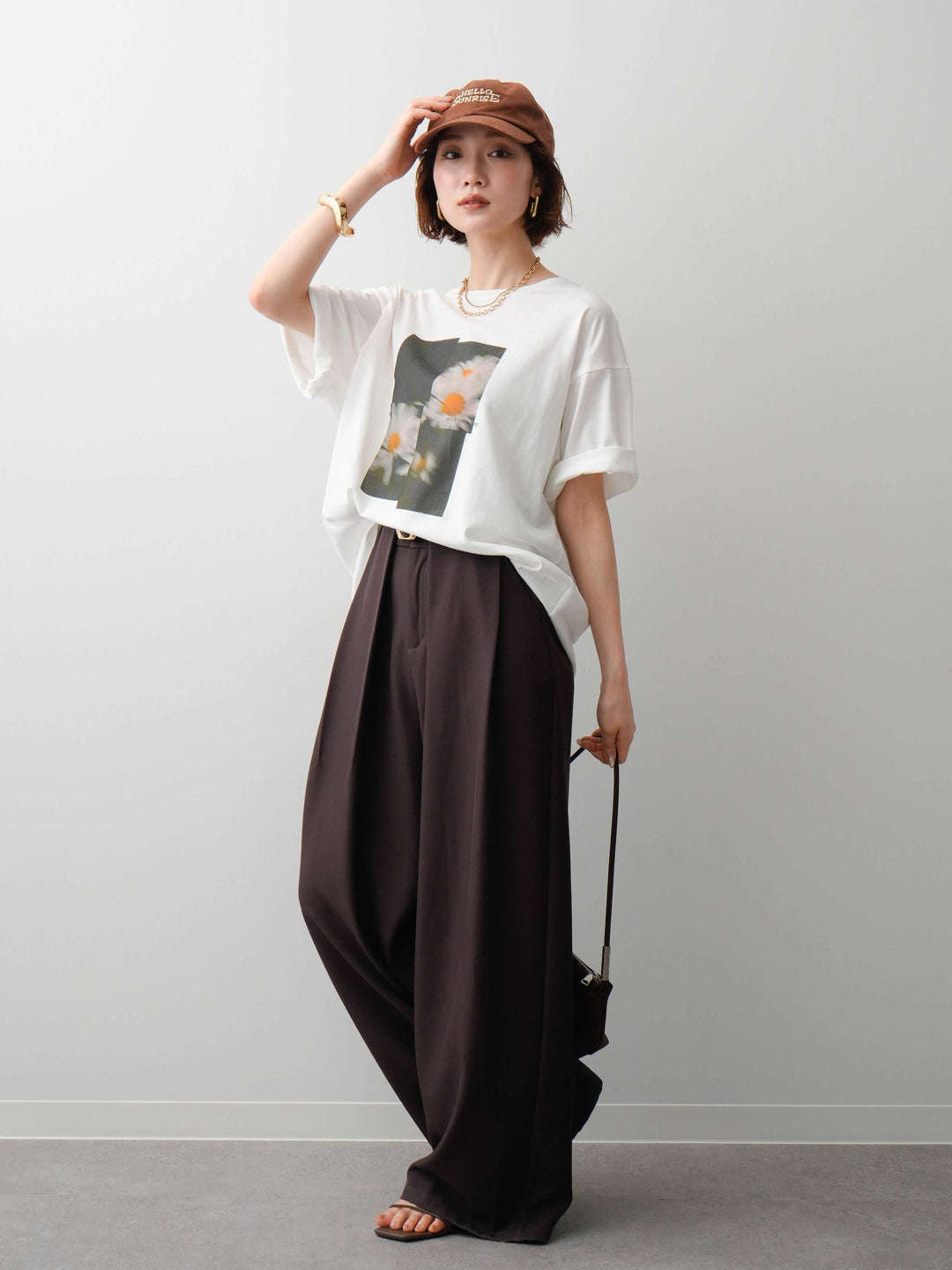 [SET]フラワーフォトTEE+ベルトループデザインワイドパンツ(2set)