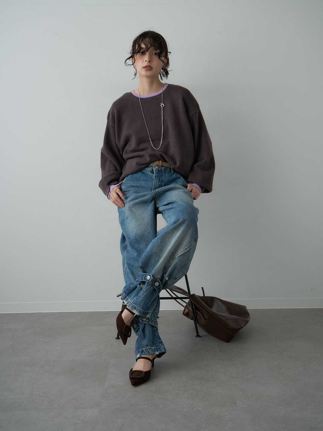 [予約]バイカラーカフスレイヤードニットプルオーバー/brown