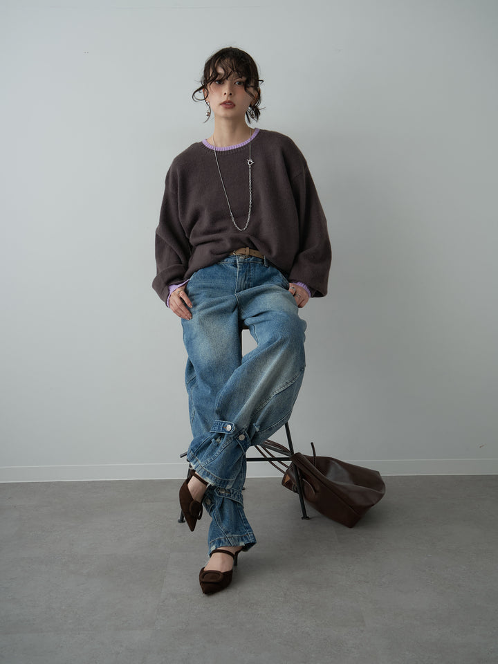 [予約]バイカラーカフスレイヤードニットプルオーバー/brown