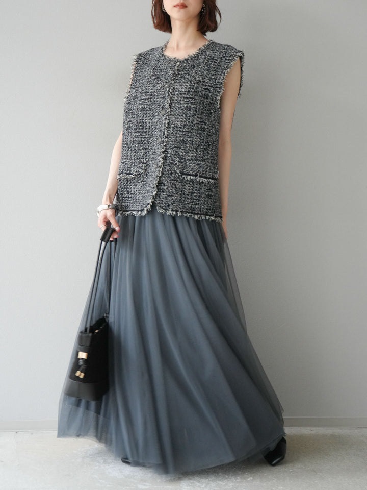 [予約]ミックスツイードフリンジニットベスト/ブラック