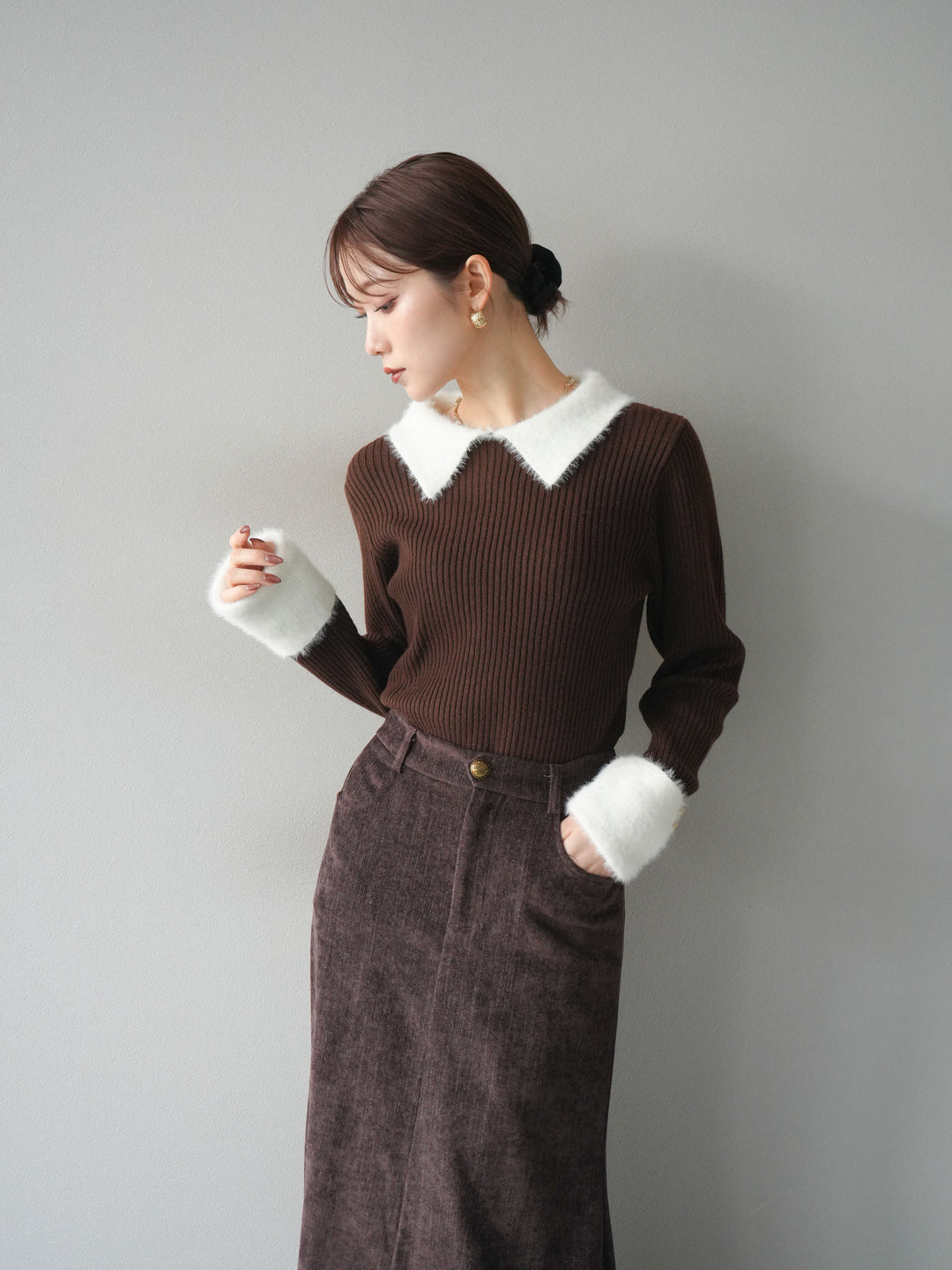 [予約]シャギー襟リブニットトップス/brown