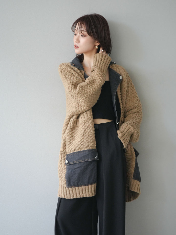 [予約]デニム襟レイヤードニットジャケット/beige