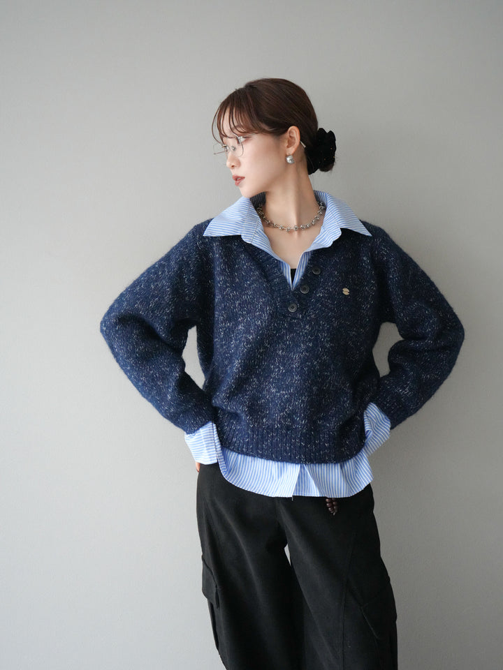 [予約]ストライプシャツドッキングMIXヤーンニットプルオーバー/navy