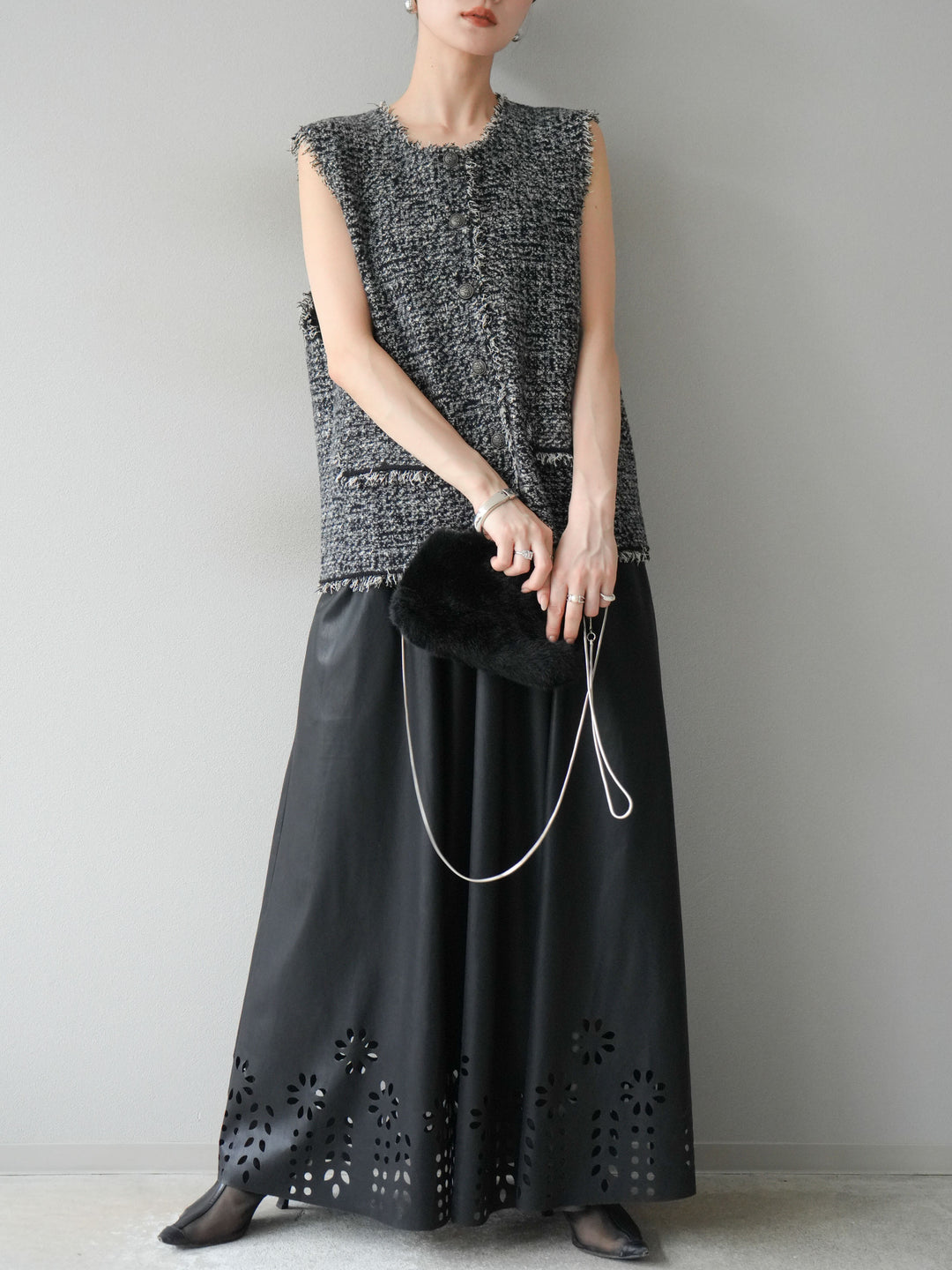 [予約]ミックスツイードフリンジニットベスト/ブラック