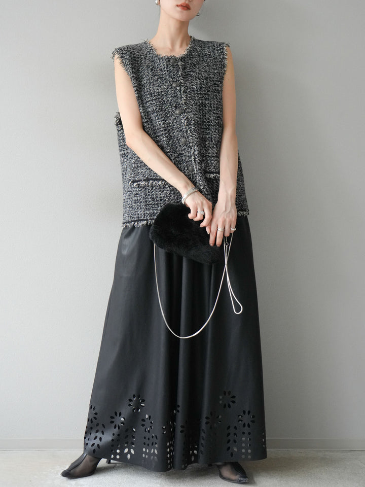 [予約]ミックスツイードフリンジニットベスト/ブラック