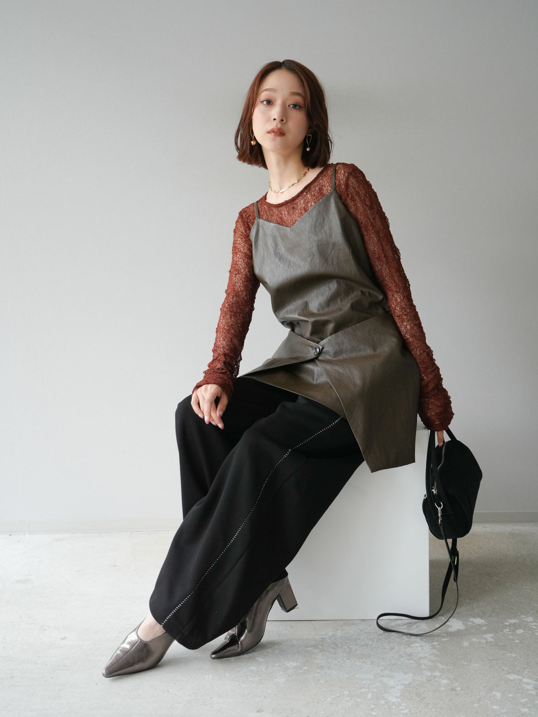 [予約]レイヤードレザーキャミソールチュニック/ブラウン