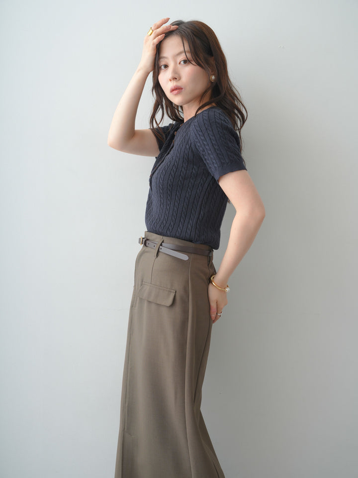[予約]ヘンリーケーブルハーフニットトップス/blue