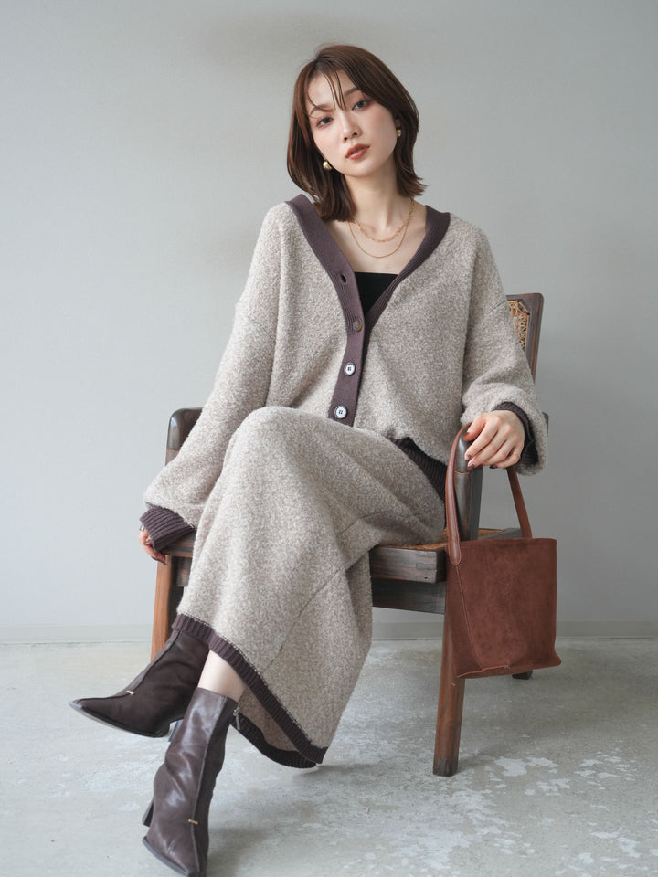 [SET]ブークレバイカラーニットカーディガン+ブークレバイカラータイトニットスカート(2set)