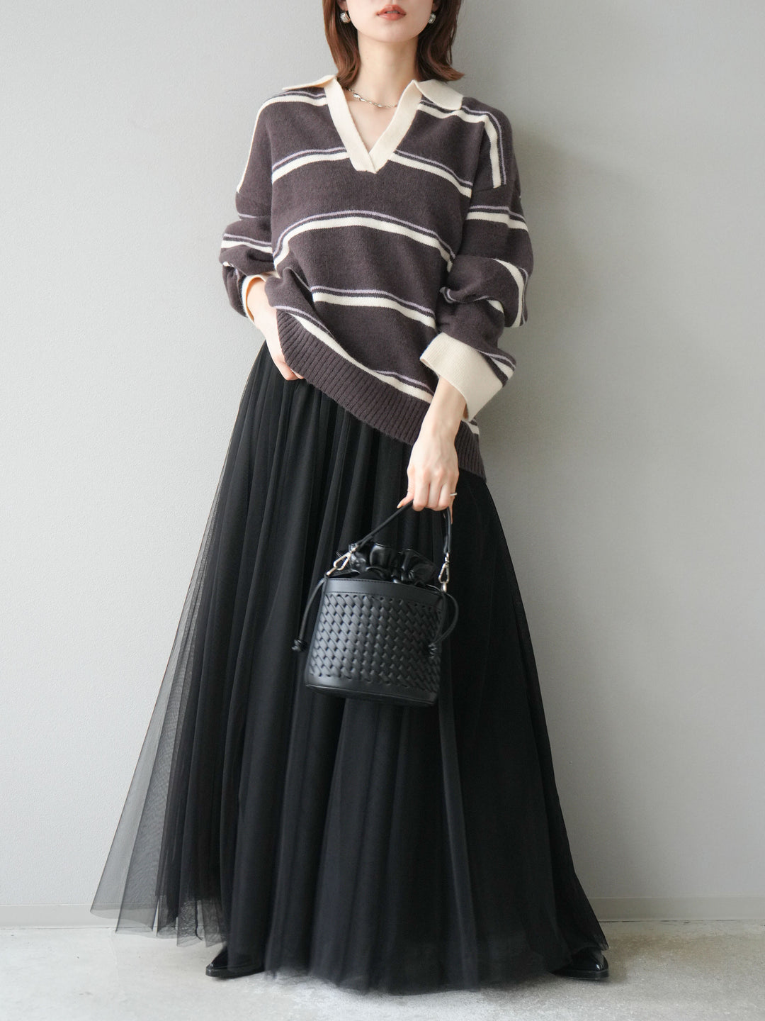 [SET]ポロ襟スキッパーボーダーニットプルオーバー+チュールボリュームスカート(2set)