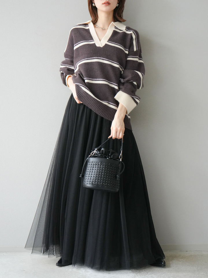 [SET]ポロ襟スキッパーボーダーニットプルオーバー+チュールボリュームスカート(2set)