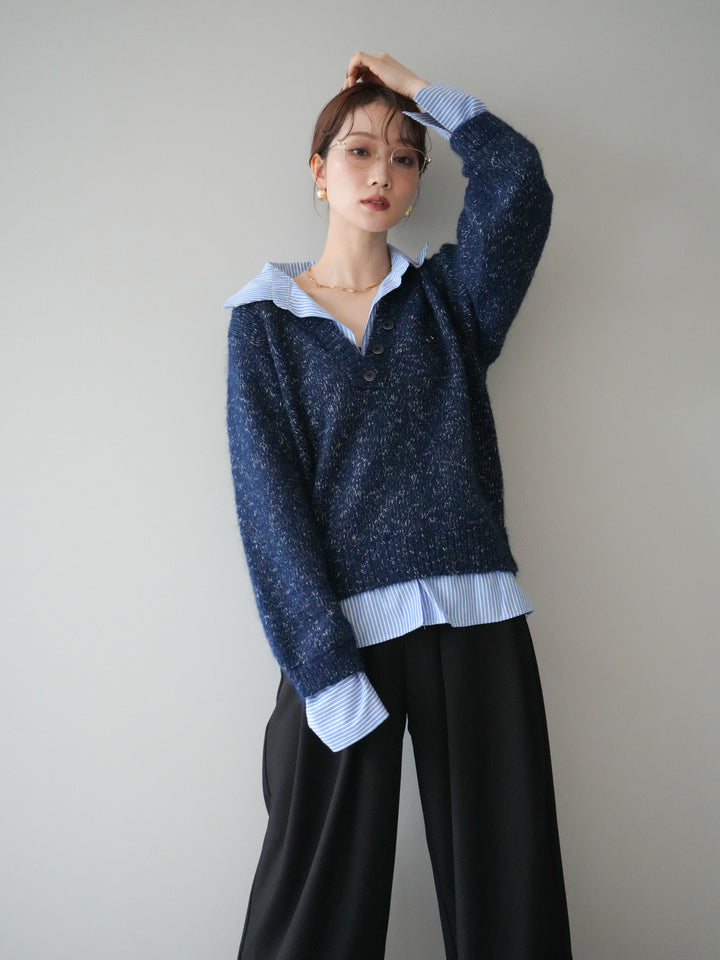 [予約]ストライプシャツドッキングMIXヤーンニットプルオーバー/navy