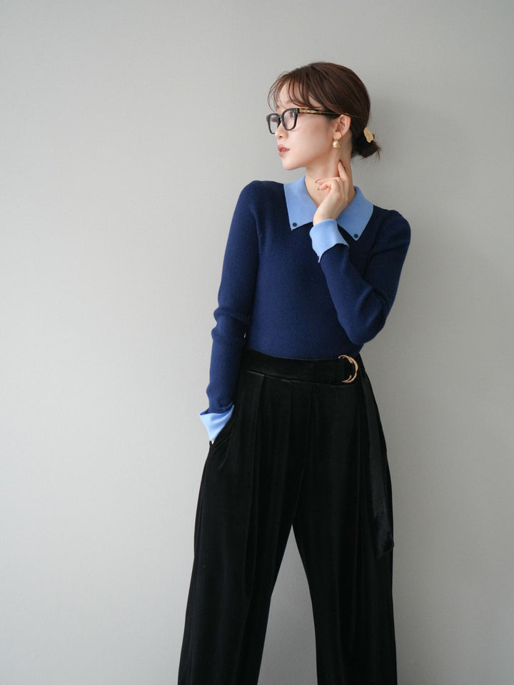 [予約]ニットカフス襟付き配色リブニットトップス/navy