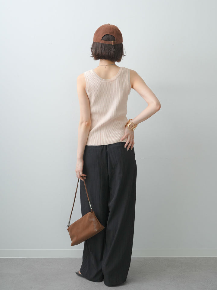 [SET]チュールトリムリブニットタンクトップ+リネンライク2タックワイドパンツ(2set)