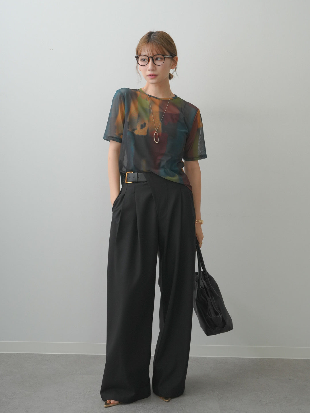 [SET]水彩アートシアーTシャツ+アシンメトリーベルトタックワイドパンツ(2set)