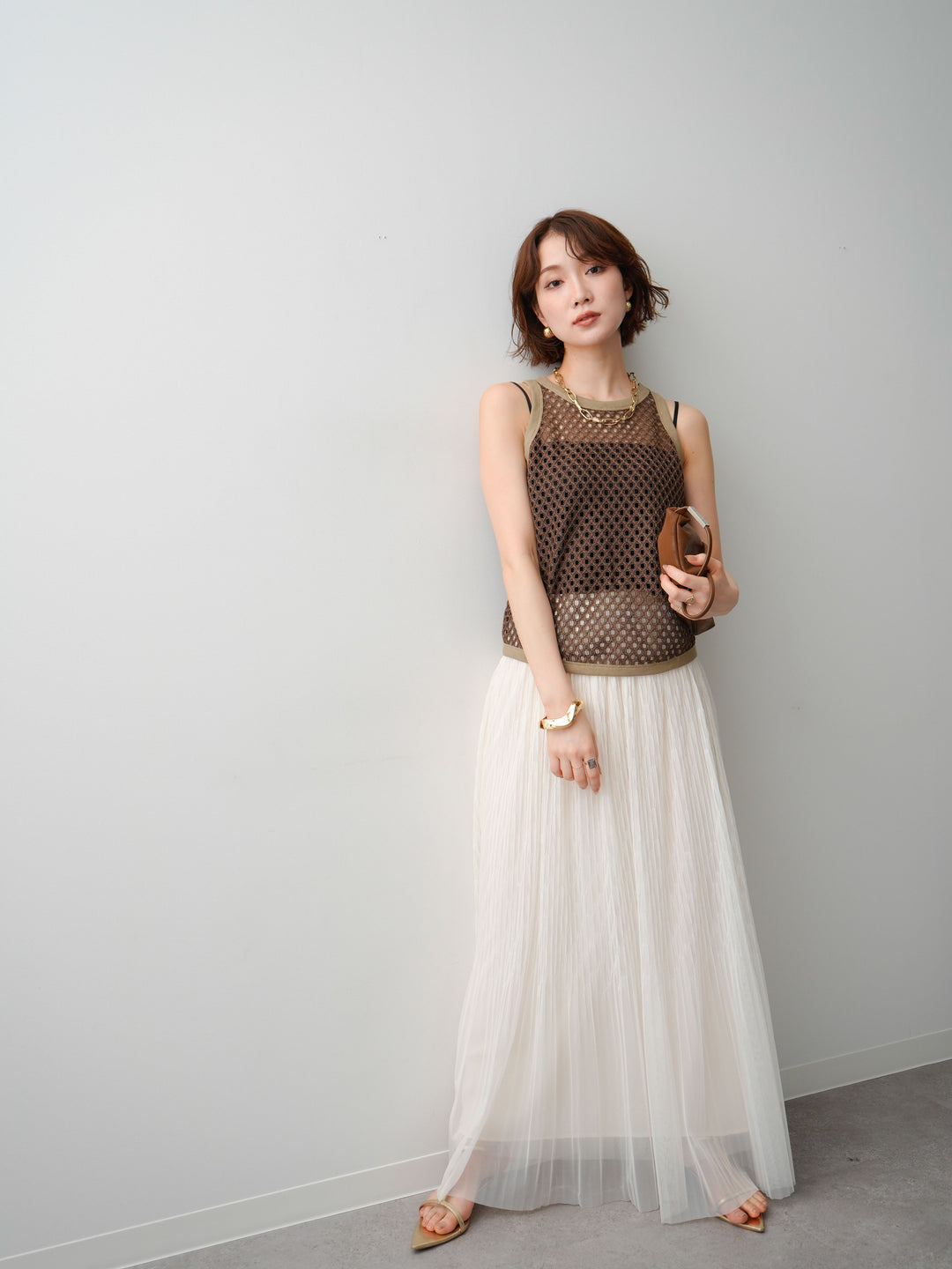 [予約]リブトリムメッシュアメスリトップス/brown