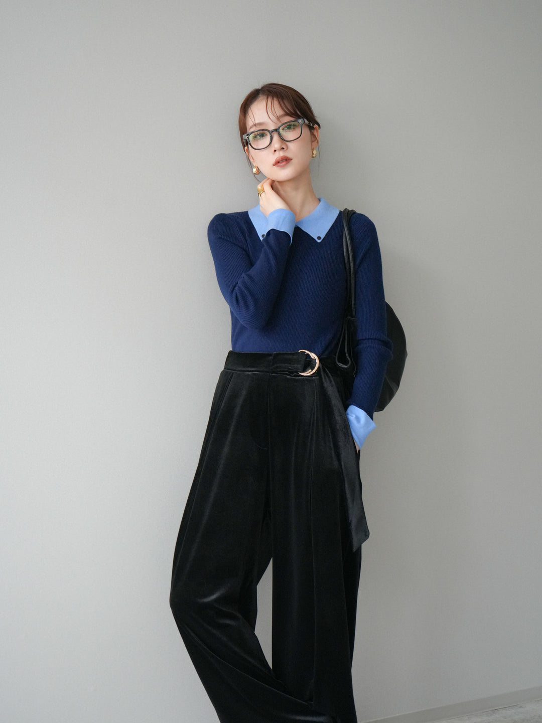 [予約]ニットカフス襟付き配色リブニットトップス/navy