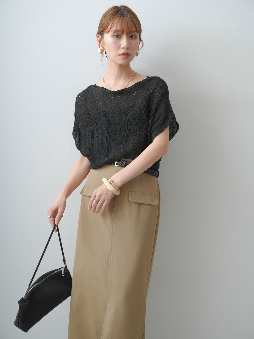 [SET]アイレットサマーニットトップス+クレープデシンフラップ付きストレートスカート(2set)