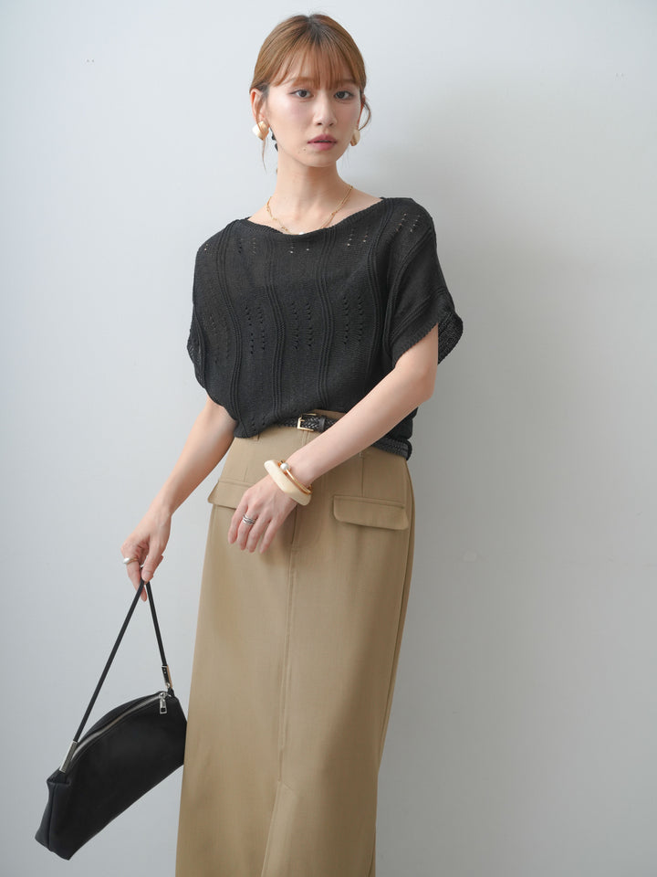 [SET]アイレットサマーニットトップス+クレープデシンフラップ付きストレートスカート(2set)