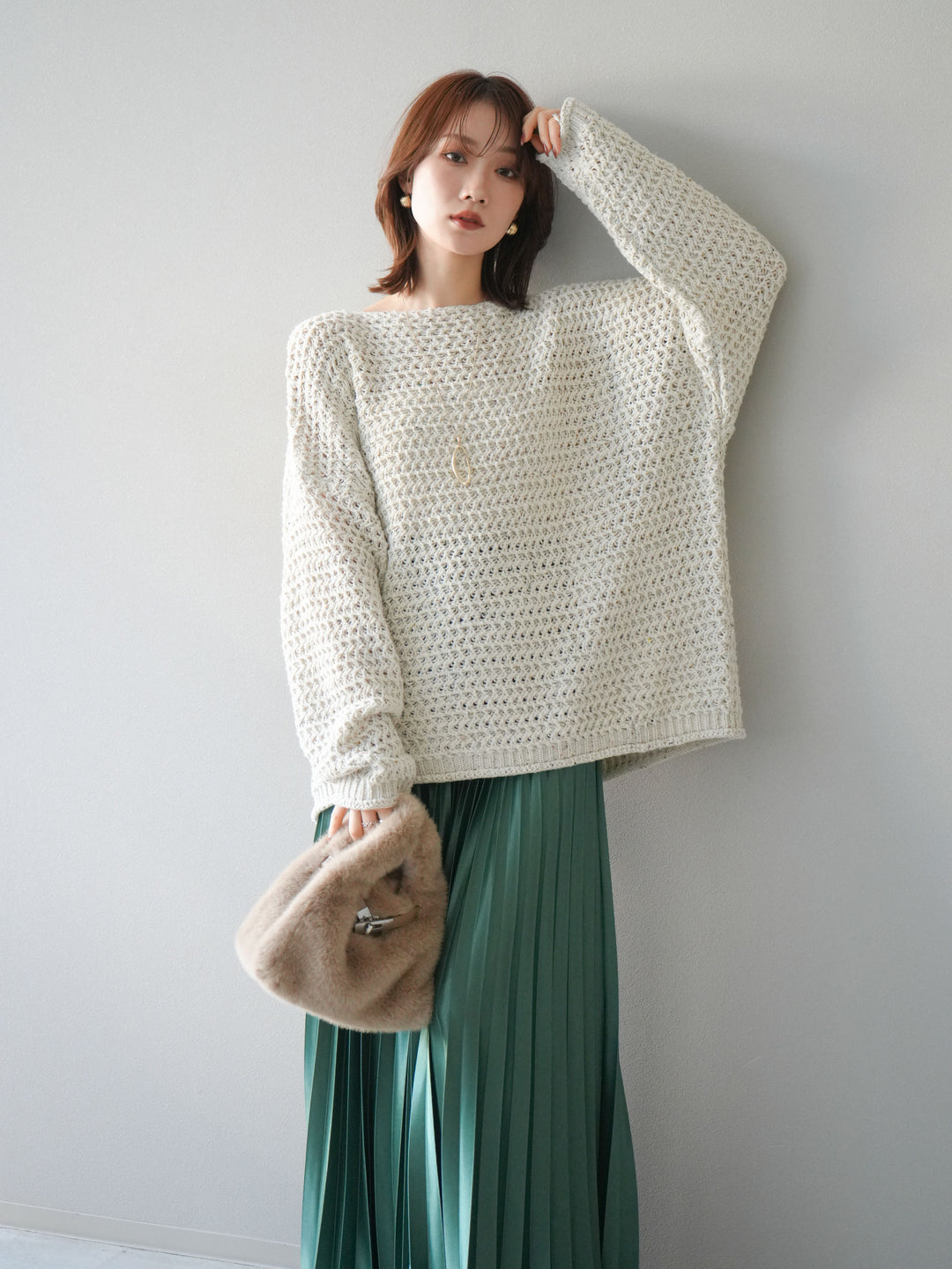 [予約]ネップ透かし編みオーバーニット/ivory