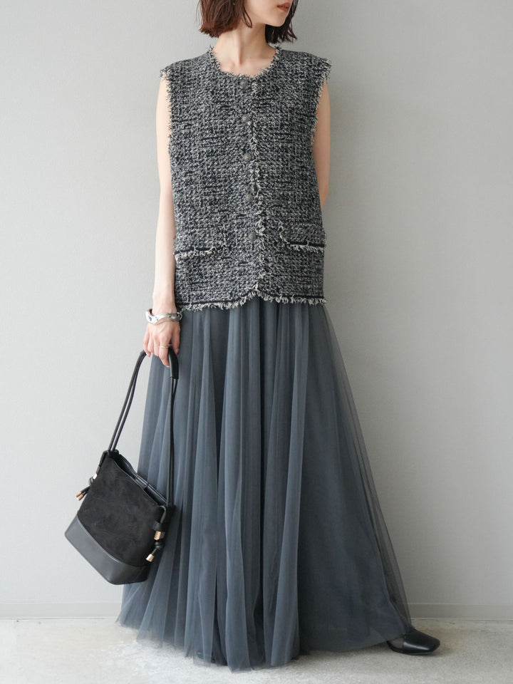 [予約]ミックスツイードフリンジニットベスト/ブラック