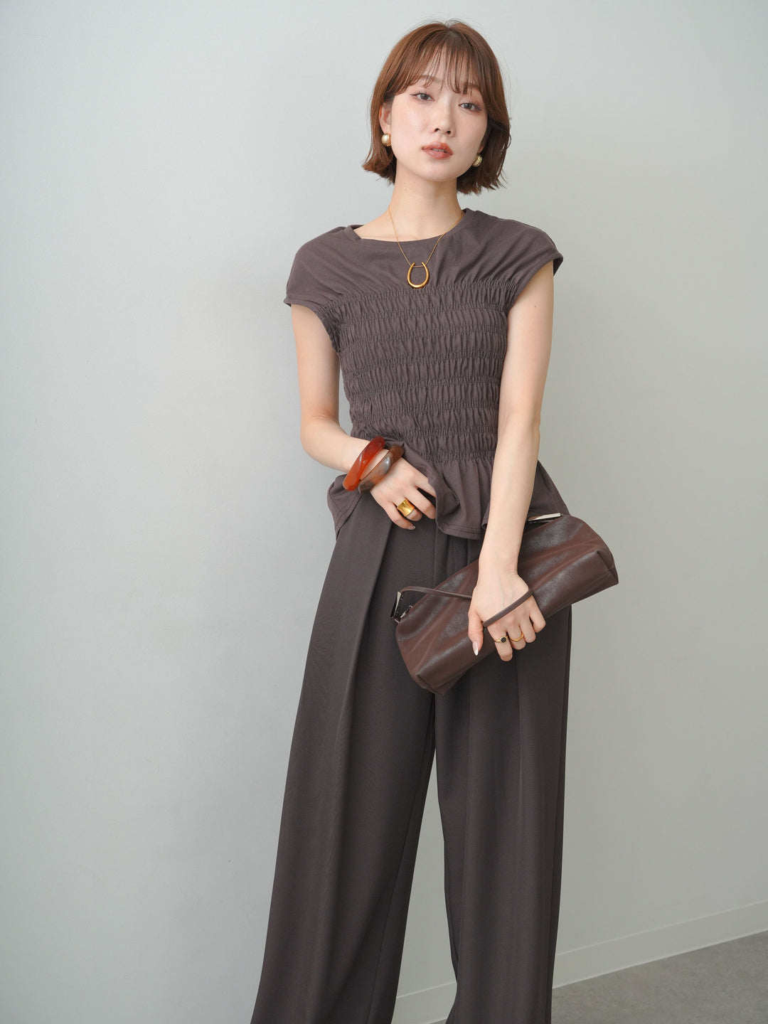 [予約]フレンチスリーブシャーリングトップス/brown