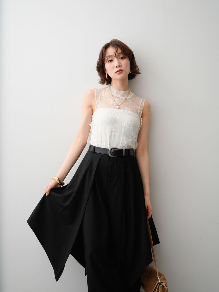 [SET]シースルーストレッチレースノースリトップス+カップ付テレコリブベアキャミソール+ドレープレイヤードフレアワイドパンツ(3set)