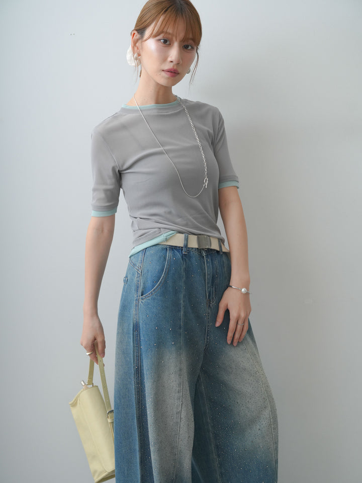 [SET]トリムレイヤードシアー半袖トップス+フロントビジューカーブデニムパンツ(2set)