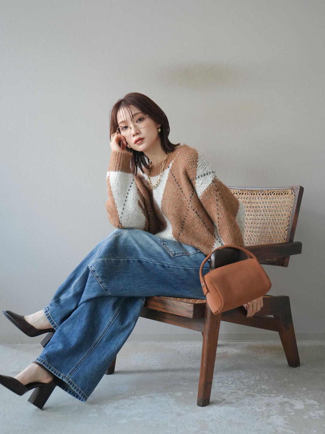 [予約]アーガイルオーバーニットプルオーバー/camel