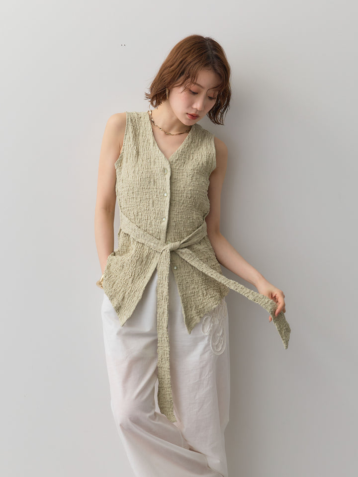 [予約]シャーリングウエストリボンVネックトップス/green