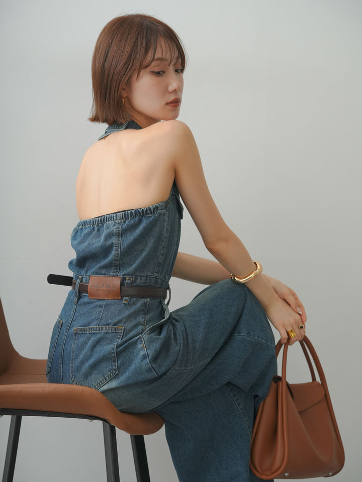 [予約]ベルト付ホルターデニムオールインワン/lightblue