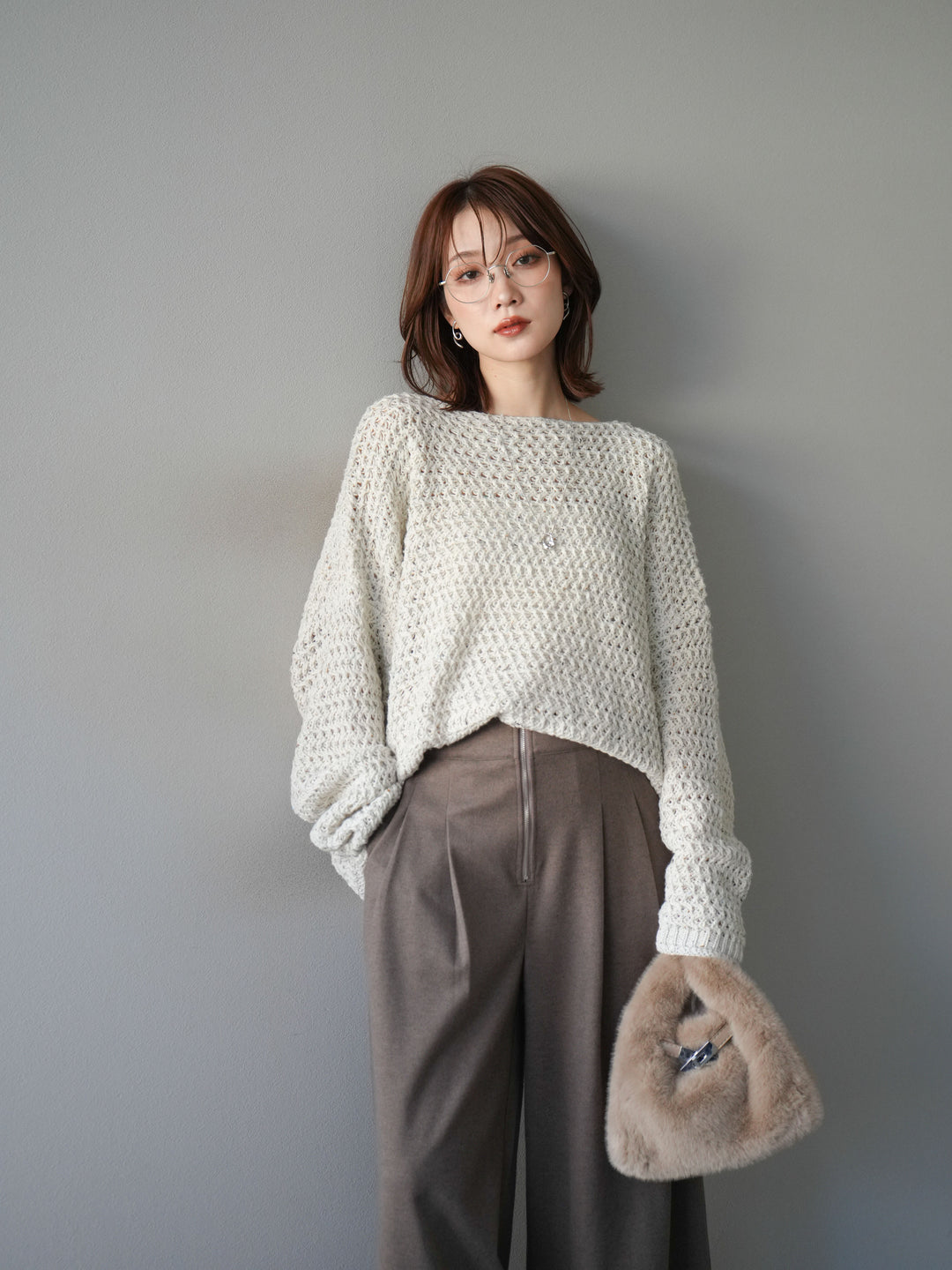 [予約]ネップ透かし編みオーバーニット/ivory