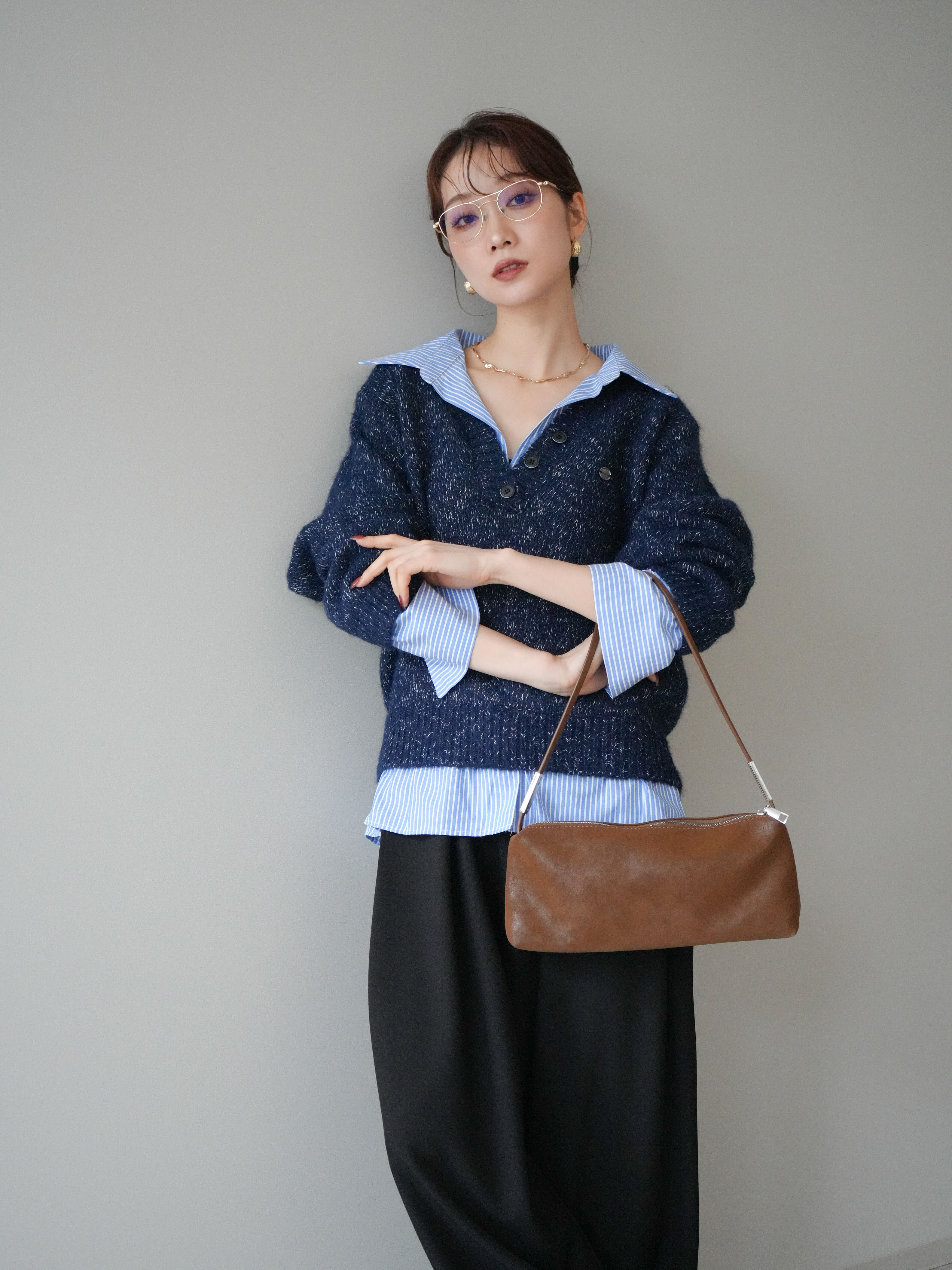 予約]ストライプシャツドッキングMIXヤーンニットプルオーバー/navy
