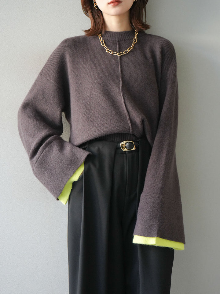 [予約]袖レイヤード配色ニットプルオーバー/brown