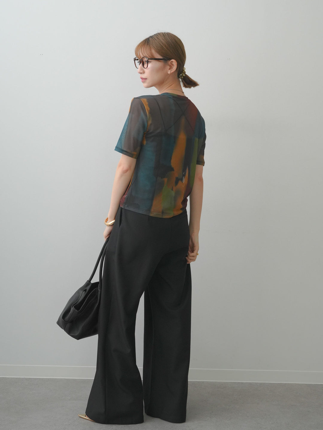 [SET]水彩アートシアーTシャツ+アシンメトリーベルトタックワイドパンツ(2set)